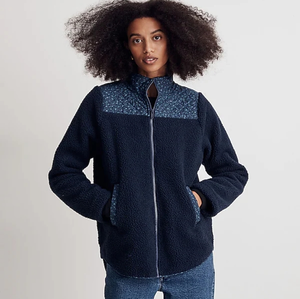 Madewell Sherpa Zip-Front Jacket (navy blue with floral accents)